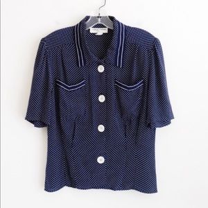 Vintage Casual Corner Navy Blue Polka Dot Shirt